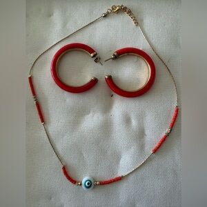 Banana Republic Red Hoop Earrings and Beaded Necklace Set